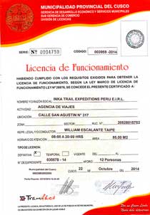 Licencia de Funcionamiento - Inka Trail Expeditions Perú