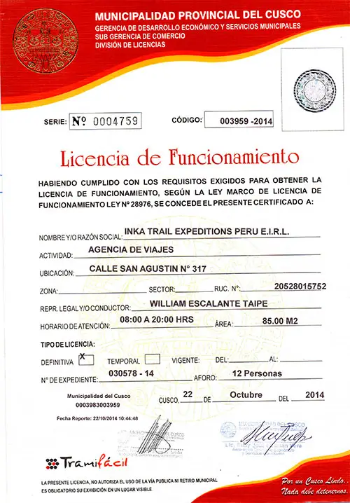 INKA TRAIL operating license